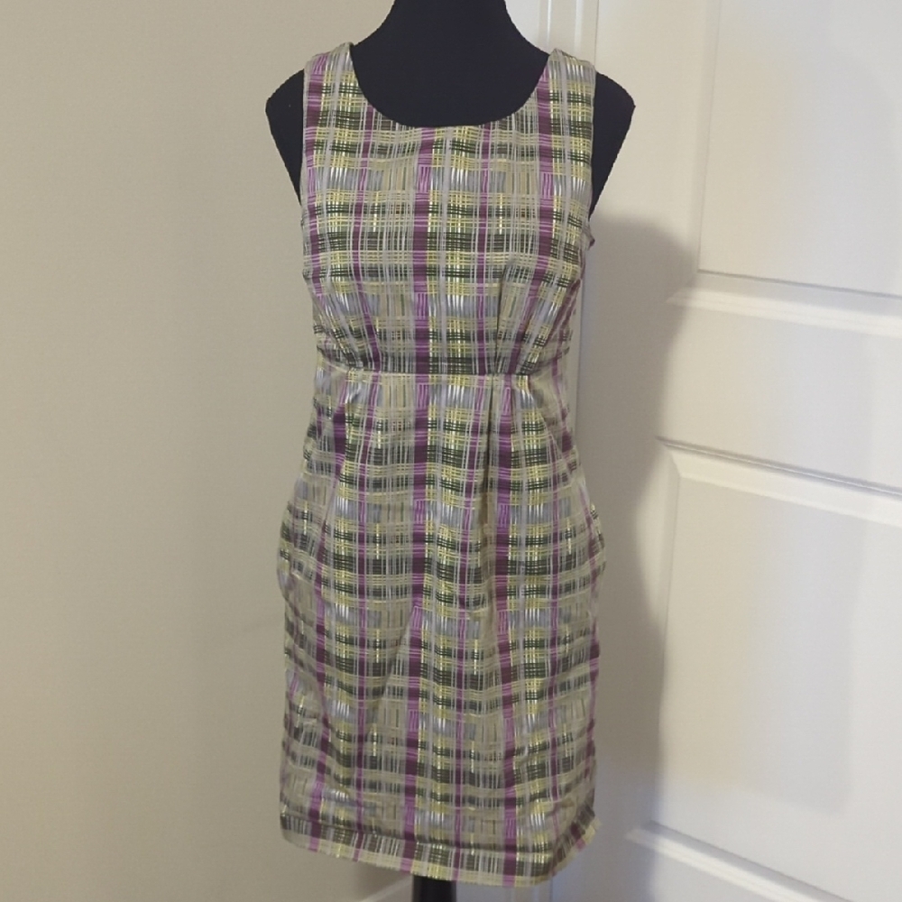 JOE FRESH | Green, Purple, Yellow Stripe Plaid Sleeveless Lined Dress, Small